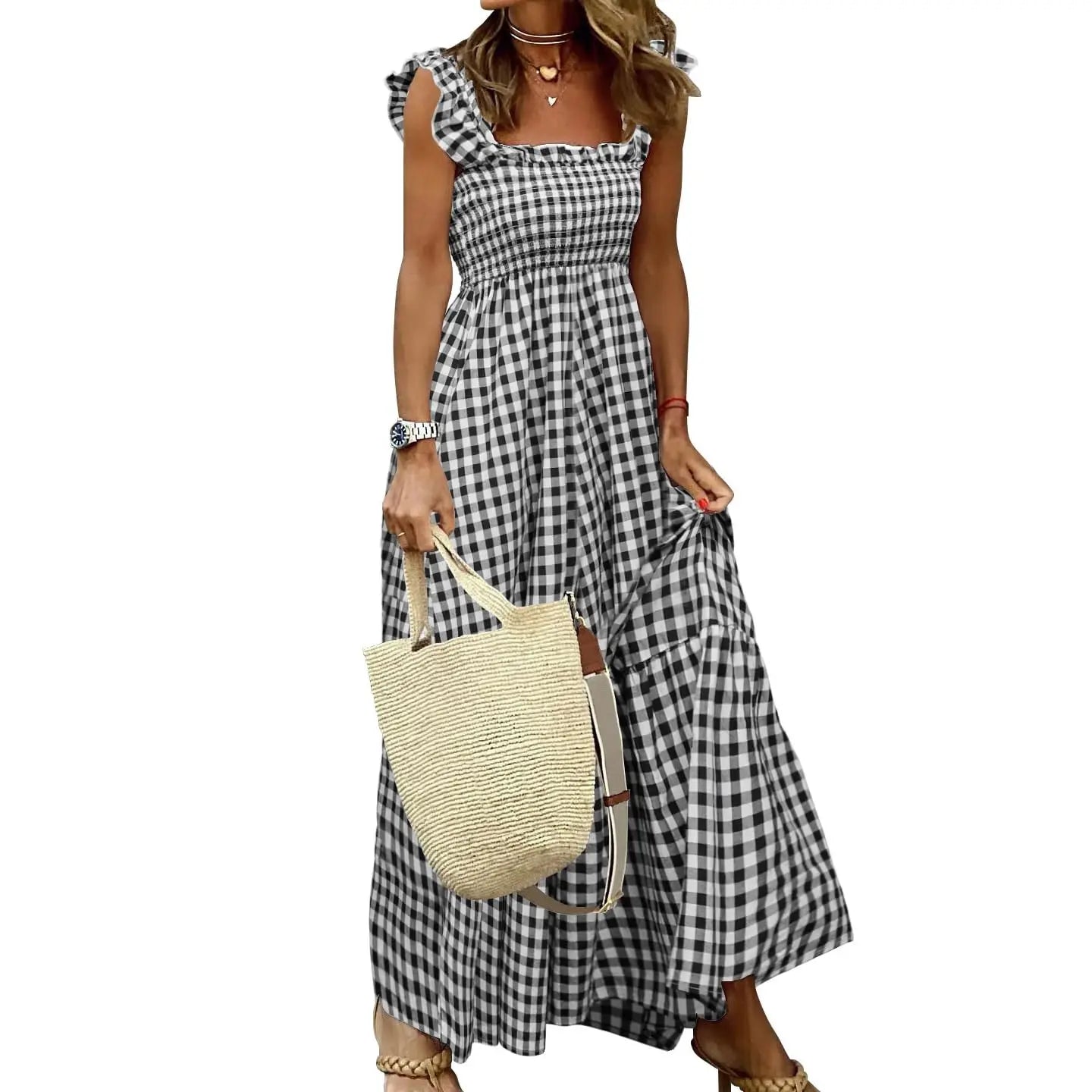 Joyce | Retro Checked Smocked Midi Dress