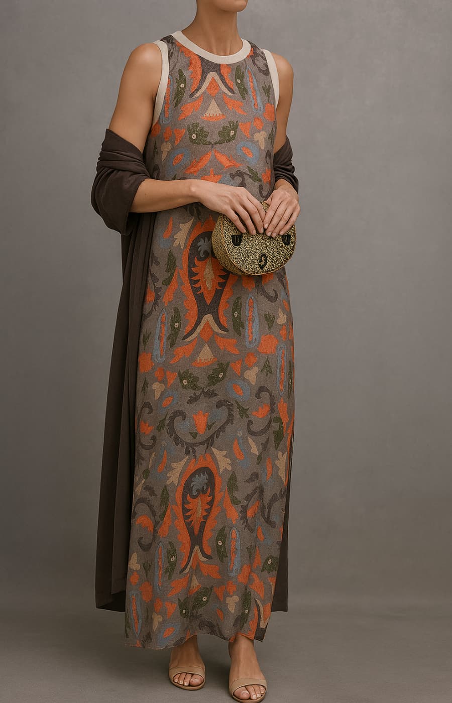 Elina | Long Printed Dress Set with Matching Gilet