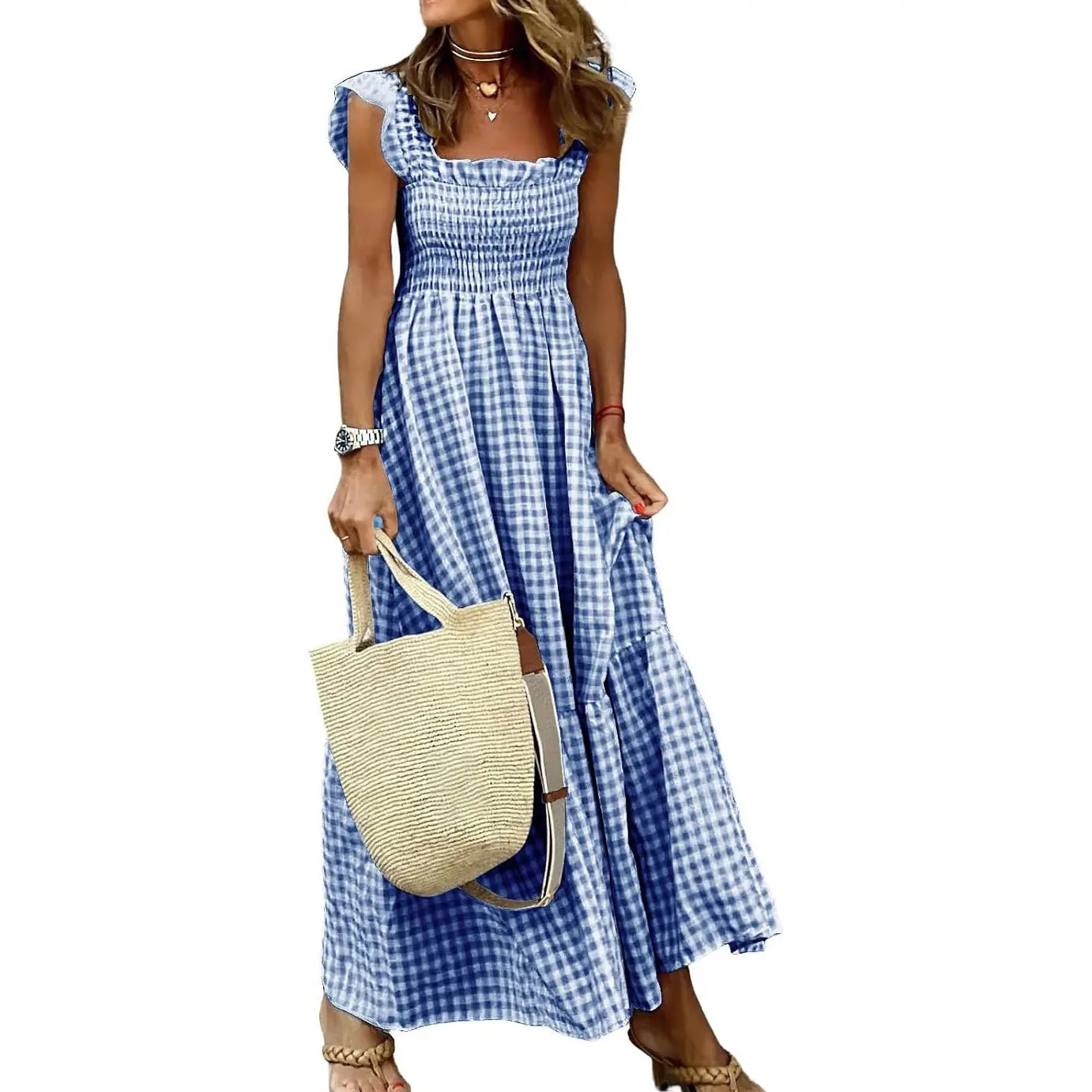 Joyce | Retro Checked Smocked Midi Dress