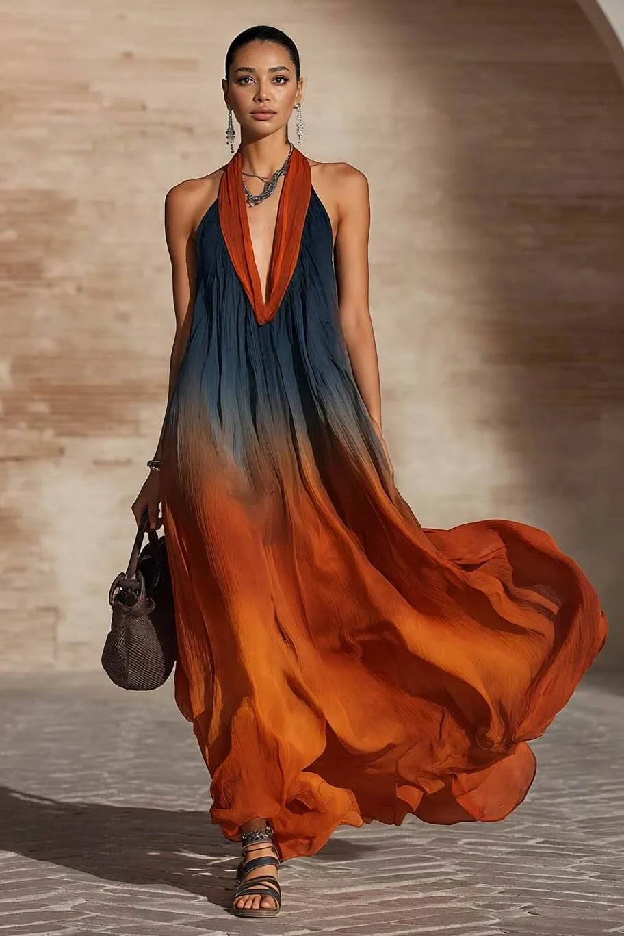 Paula | Long Halter/V Dress with Gradient