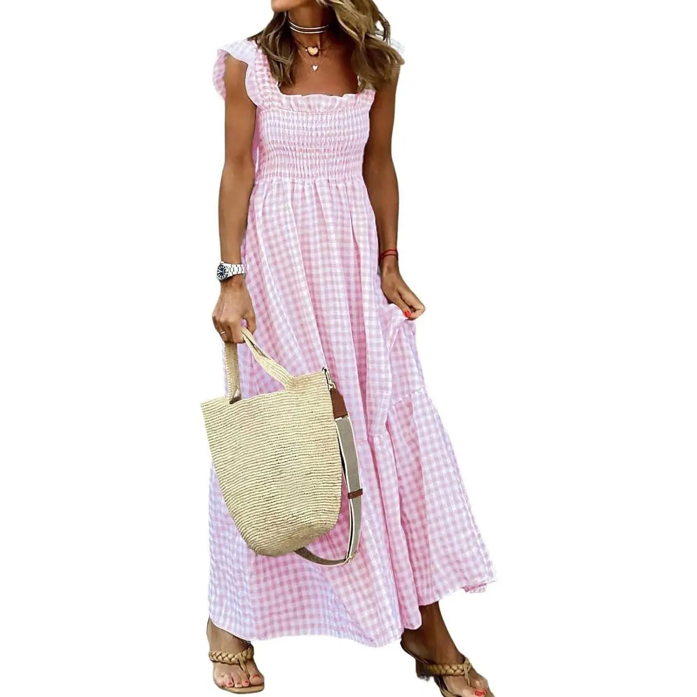 Joyce | Retro Checked Smocked Midi Dress