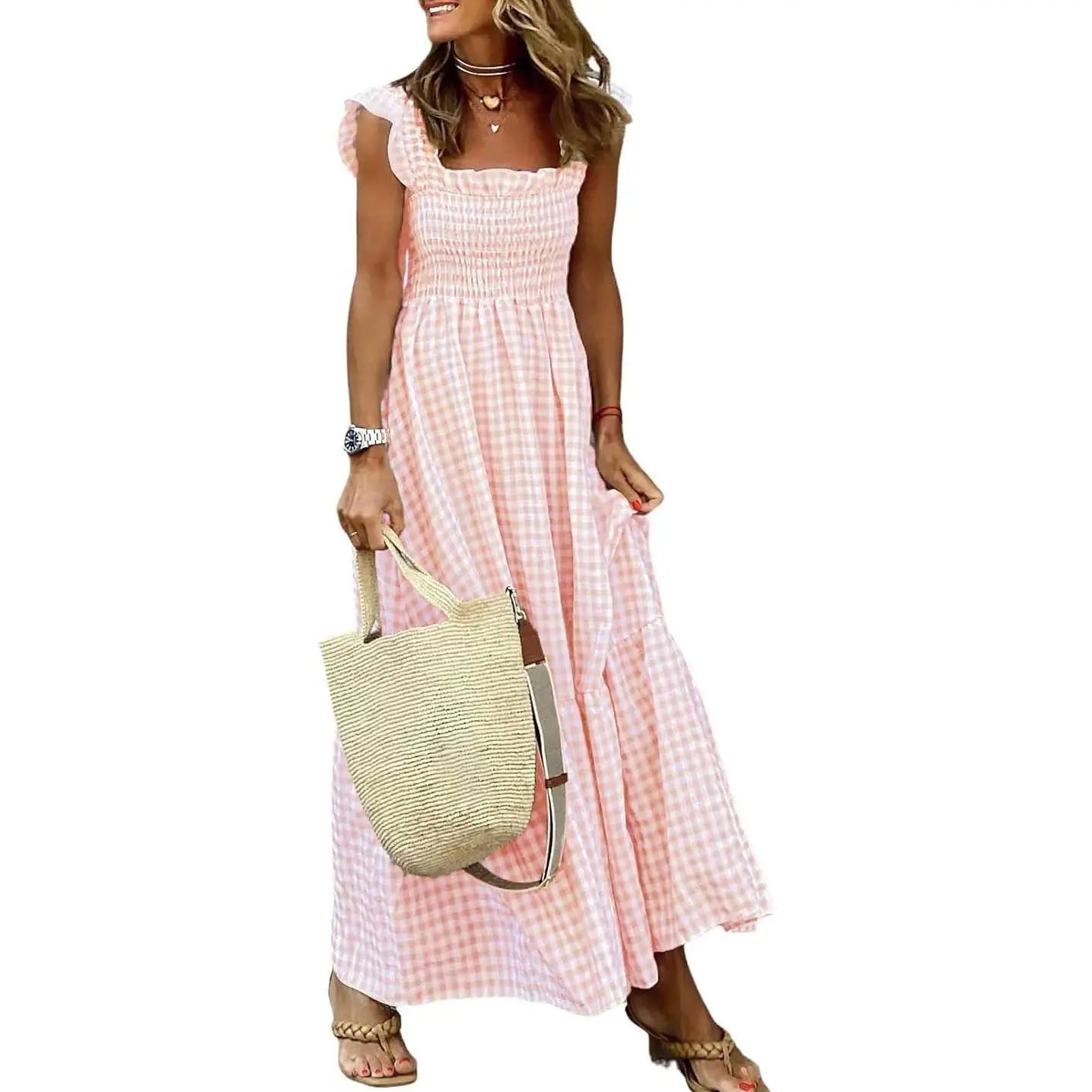 Joyce | Retro Checked Smocked Midi Dress