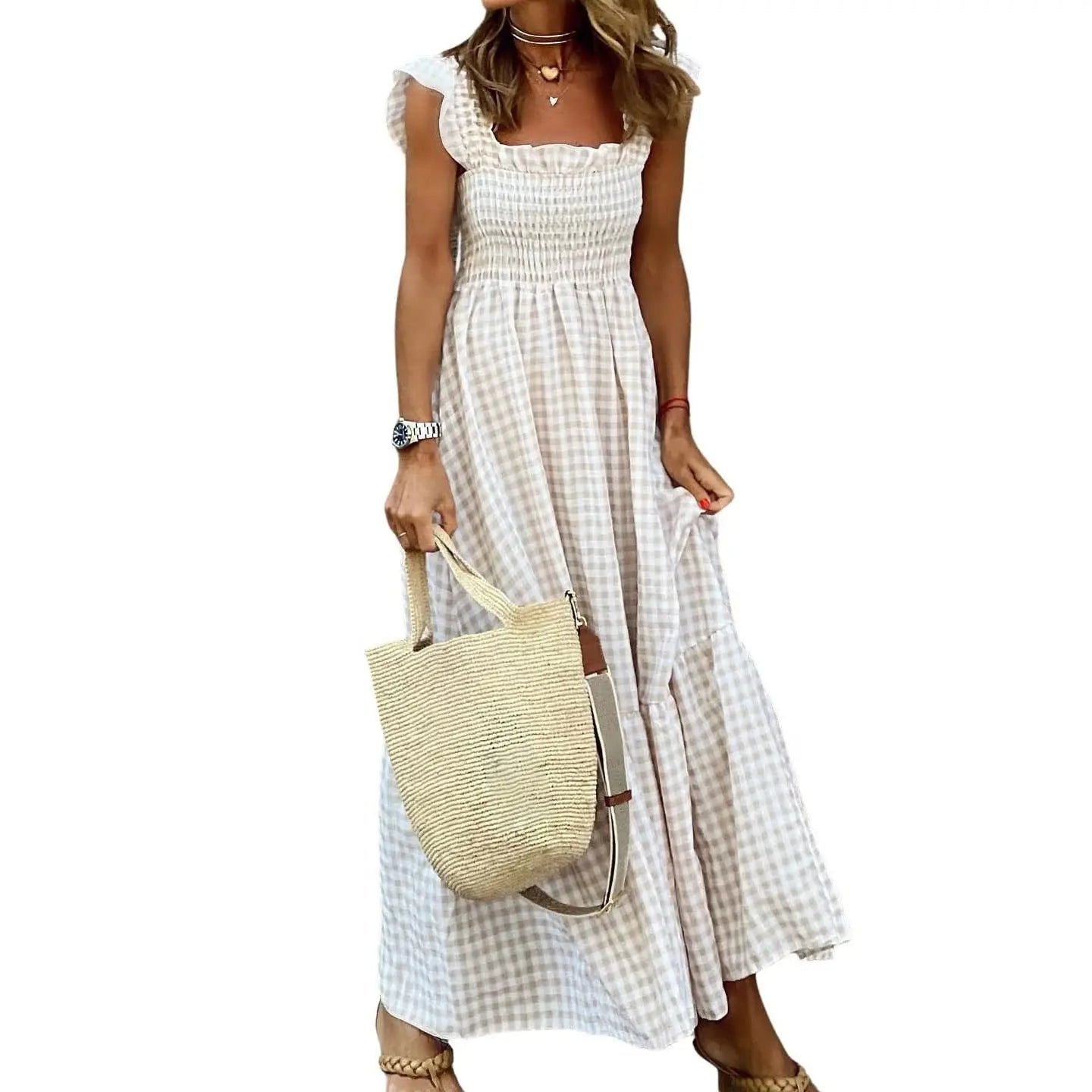 Joyce | Retro Checked Smocked Midi Dress