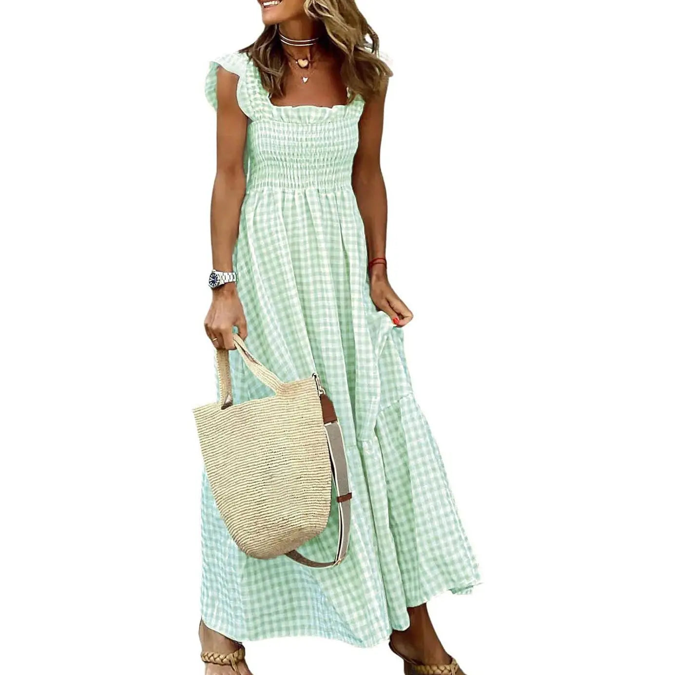 Joyce | Retro Checked Smocked Midi Dress